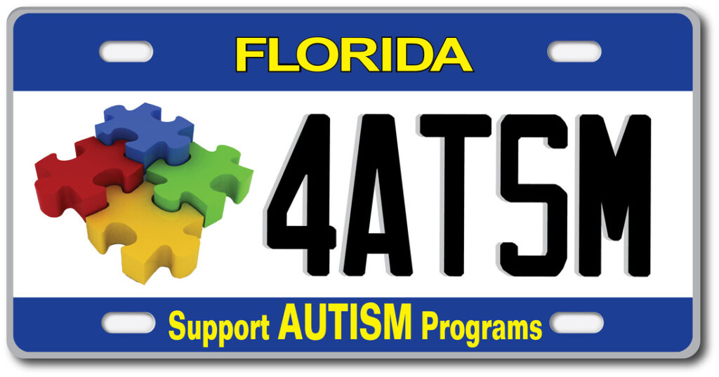 Florida support autism programs license plate, with the example plate text "4ATSM"